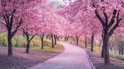 Naklejka premium A winding path lined with vibrant cherry blossom trees creates a picturesque setting. Visitors can be seen enjoying the tranquil atmosphere and colorful scenery during spring