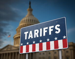 Trade policy in USA - road sign traffic with the slogan Tariffs