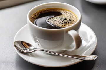 Fototapeta premium A cup of black coffee with foam on a white saucer with a spoon on a gray surface in soft light