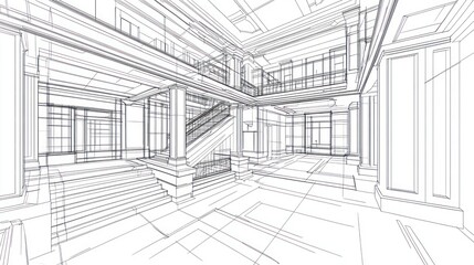 Architectural blueprint of grand interior, showing staircase and multiple levels.  Possible use Stock photo for architectural design, interior design, or engineering presentations