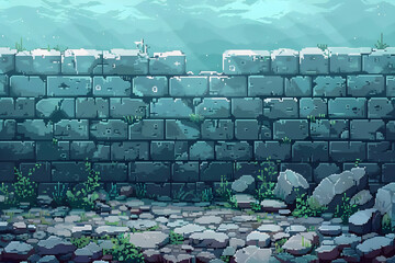 Pixel Art Stone Wall Ruins with Light Streaks and Grassy Patches Detailed Background Ancient Rock Wall Texture in Misty Weathered Environment Outdoors
