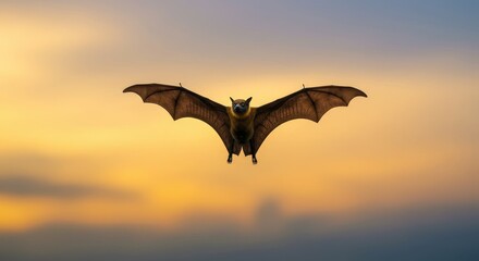 Naklejka premium Golden Hour Bat Flight - A bat in majestic flight at sunset, symbolizing freedom, mystery, darkness, nature, and transformation