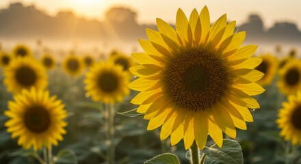Fototapeta premium Golden Sunrise Sunflower Field - A vibrant sunflower in full bloom dominates the foreground, with a field of sunflowers and a hazy sunrise in the background