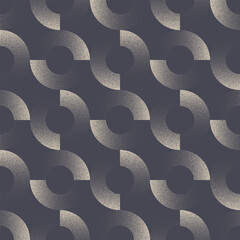 Vector abstract seamless pattern with halftone split circles and stipple gradient texture. Bold geometric design with repeat symmetry. Retro styled 50s 60s wallpaper or fashion textile background