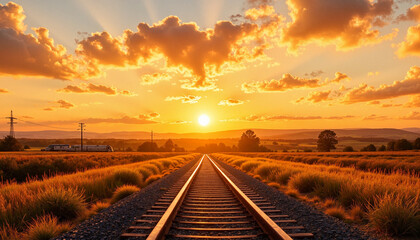 Obraz premium Sunset over railway tracks in golden field