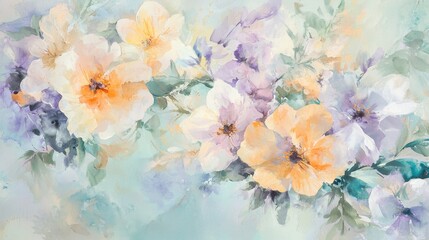 Delicate flowers in shades of orange, purple, and white are beautifully illustrated with soft brush strokes on a light, swirling background. This piece evokes a sense of tranquility and elegance