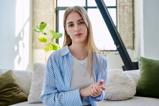 Web camera view of teenage girl talking looking in camera, online meeting, video call