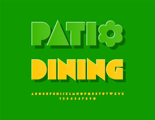 Vector Bright Advertisement Patio Dining. Unique Yellow Sticker Font. Modern Decorative Alphabet Letters and Numbers set.