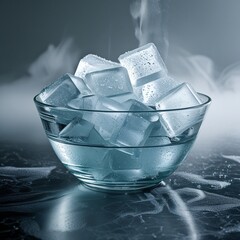 Crystal Clear Ice Cubes in Glass Bowl with cool water droplets