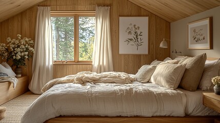Cozy bedroom with natural light and wooden accents