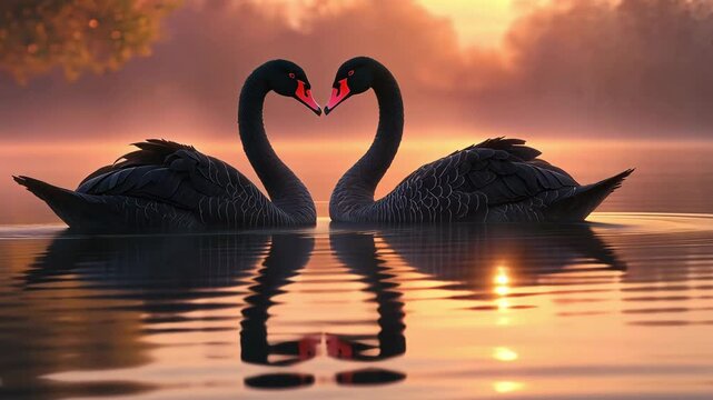 Two black swans coexist in serene water, reflecting the warm colors of sunrise while surrounded by a peaceful atmosphere
