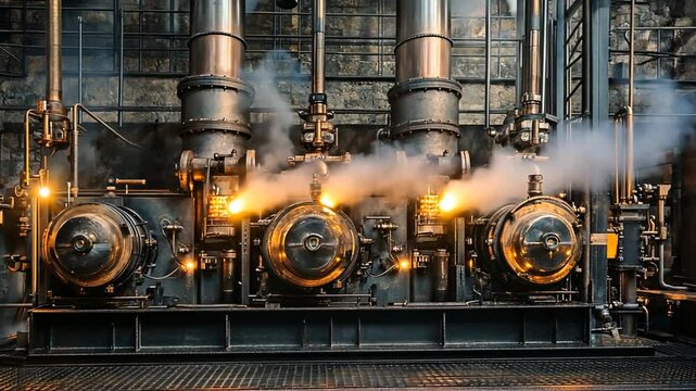 Detailed view of industrial steam engine with pipes and steam effects in motion