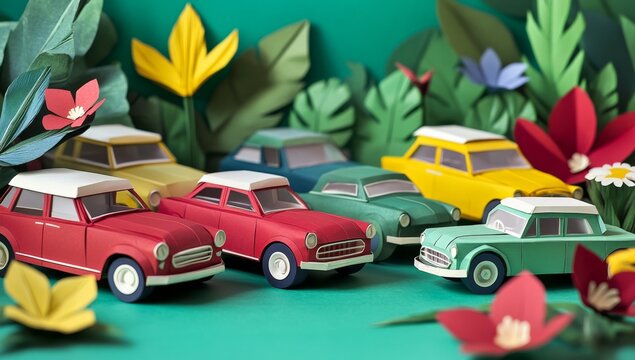 Fototapeta Paper cut-out cars in a vibrant tropical setting.  Colorful vintage style toy vehicles surrounded by various paper flowers and foliage