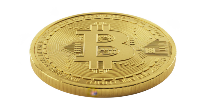A single gold bitcoin coin displayed against a black background in a close up studio shot - Powered by Adobe