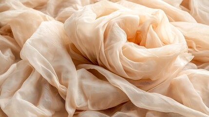 Elegant folds of luxurious peach chiffon fabric, a soft and smooth texture