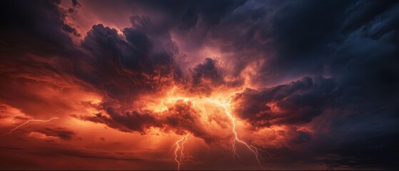 Obraz premium Dynamic Storm Cloud Formation with Dramatic Red Lightning Strike Against Dark Atmospheric Sky