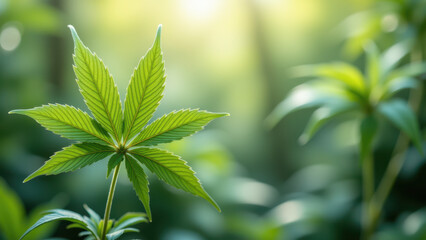 Obraz premium A close-up of a cannabis plant leaf with bright sunlight streaming through.
