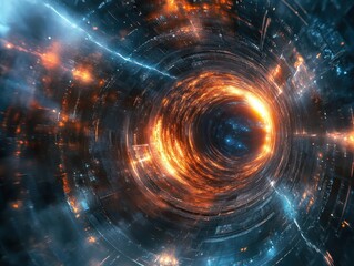 Obraz premium Into the Digital Vortex: A mesmerizing abstract composition of swirling fiery energy and glowing digital pathways creates a captivating visual of the unknown realms of data and technology.