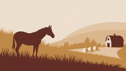 Mule silhouette on a hillside overlooking a barn and rolling hills.