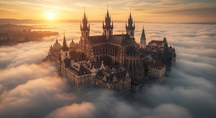 Naklejka premium Majestic Castle Above the Clouds - A breathtaking aerial view of a majestic castle enveloped in a sea of clouds at sunrise. Golden light illuminates the scene