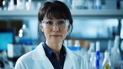 A middle-aged Asian female scientist stands confidently in a laboratory, showcasing her expertise in research and innovation amidst advanced scientific equipment.