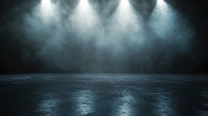 Modern Dark Theater Stage with Ethereal Fog and Dramatic Spotlights Creating Mysterious Empty Performance Space Perfect for Events and Entertainment