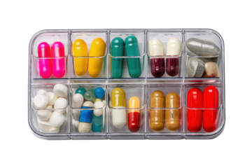 Rainbow of Remedies: A colorful assortment of pills and capsules organized in a clear plastic pill organizer, representing a diverse range of healthcare solutions.