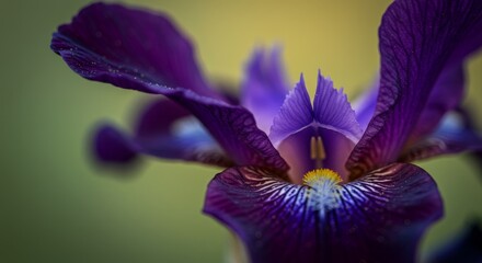 Majestic Purple Iris Bloom - Close-up of a vibrant purple iris flower, showcasing intricate details and textures. Deep purple petals with hints of blue and yellow at the heart