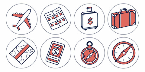 Travel Icons Set Vector Illustration of Airplane Tickets Suitcase Map Passport Compass for Vacation Planning
