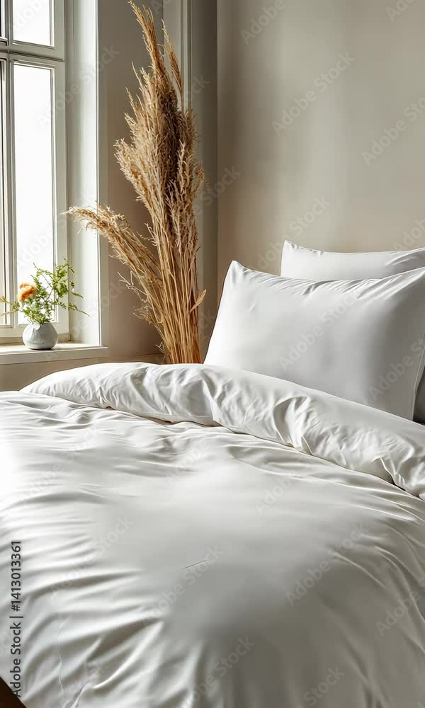 Poster six identical photographs showcasing a pristine white duvet and pillows on a made bed, positioned be