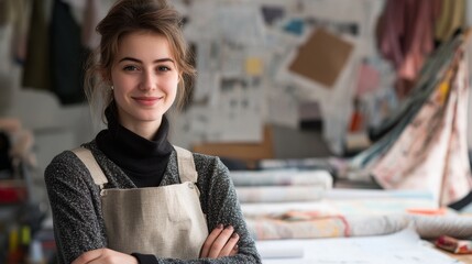 A young female fashion designer poses confidently in her studio, surrounded by various fabrics and artistic elements, showcasing her creative passion and professional talent.