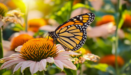 Obraz premium In the stillness of a summer garden, a Monarch butterfly drinks from yellow blooms, its orange wings contrasting beautifully with the sun-soaked floral landscape.