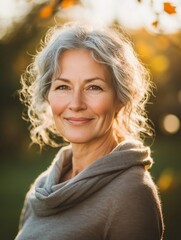 Naklejka premium Serene Portrait of Diverse Middle-aged Woman Practicing Mindfulness in a Sunlit Garden Setting with Natural Elements and Soft Bokeh Effect