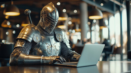 A full-plated knight working on a laptop in a co-working space, focused on his screen, modern office atmosphere