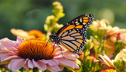 Obraz premium Wings spread wide, a Monarch butterfly gathers nectar from vibrant yellow petals, bathed in the glowing heat of a serene summer afternoon in full bloom.