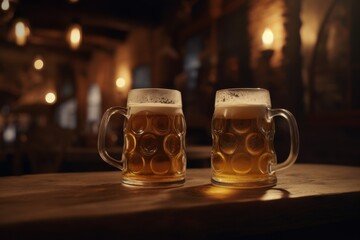 Cheers of Collaboration: Two brimming tankards of amber beer, the effervescent bubbles dancing atop, offer a promise of convivial delight. The scene unfolds in a warm, inviting space.
