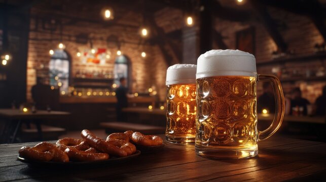 German Beer and Pretzels: Two frosty mugs of beer, adorned with a creamy head, sit on a rustic wooden table alongside a plate of freshly baked pretzels in a dimly lit German pub.