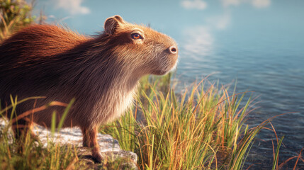 Fototapeta premium A curious capybara with short brown fur and gentle eyes, standing by a calm river with lush grass and a sunny day