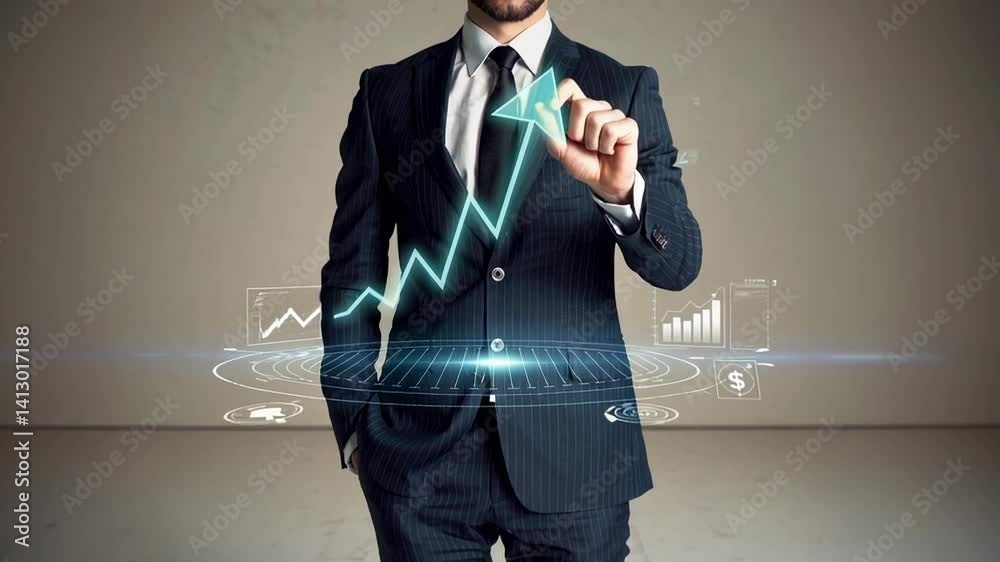 Aufkleber Experienced businessman tracing upward growth trajectory using finger on advanced digital interface, symbolizing innovative business strategy against pristine white backdrop