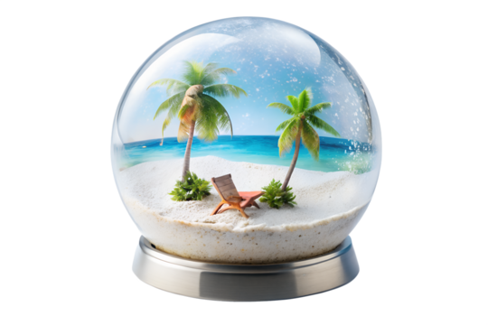 Beach scene in glass globe isolated on transparent background