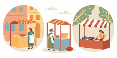 Vector Circular Food Stalls Fresh Produce Women Sellers