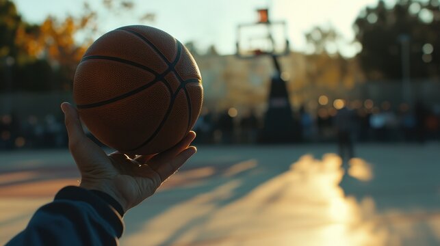 A player stands poised to shoot a basketball at sunset on an outdoor court. The warm light illuminates the court and audience, creating an energetic atmosphere