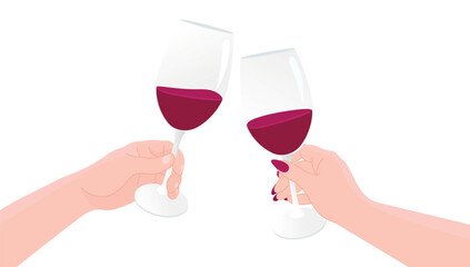 Two hands clinking red wine glasses. Celebration moment, romantic date or party toast. Elegant vector illustration, perfect for invitations, Valentine's Day, holidays, or wine-themed designs
