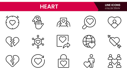 Vector illustration web line icon collection centered on heart symbols, expressing love, health, care, romance, emotion, cardiology, heartbeat, passion, and affection in design.