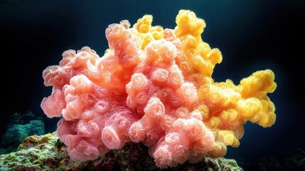Naklejka premium A vibrant coral formation with pink and orange hues, showcasing intricate textures and patterns beneath the ocean's surface.