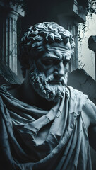 Obraz premium Epic Marble Sculpture of Stoic Thinker – Ruined Columns and Greek Aesthetics 