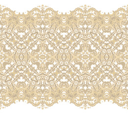 Golden calligraphic floral ornament, border vector pattern, ornamental laced design, on white background	