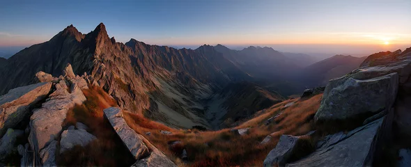 Tableau sur toile Coucher de soleil Panorama mountain autumn landscape, A breathtaking panoramic view of a mountain range bathed in sunlight.  © Shahin