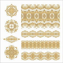 Set of laced decorative vignettes - rosettes, border ornaments on white background	