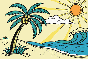 Obraz premium 42 Tropical beach scene, vibrant colors, cartoon style, palm tree with coconuts, bright yellow sun with rays, blue ocean waves, sandy beach, fluffy white clouds, blue sky, summer paradise, vector art,